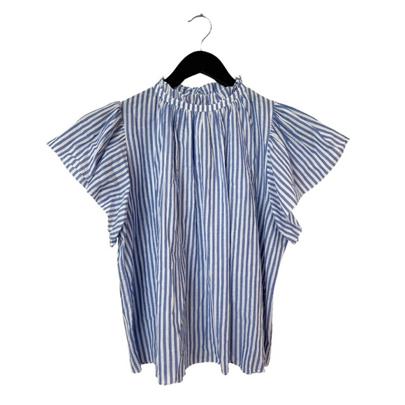 Trovata Small Carla Highneck Shirt in Blue White Stripe Flutter Sleeve Preppy - Picture 10 of 11